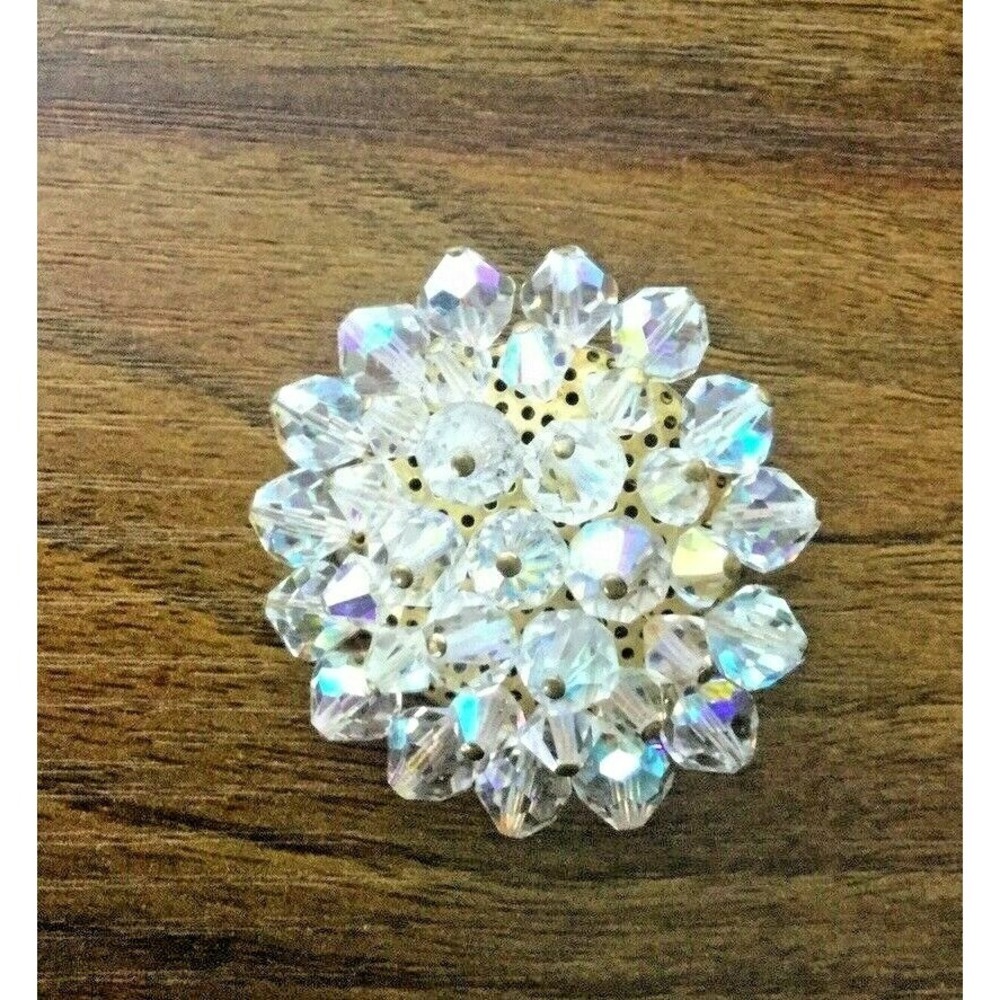 Vintage clear AB Crystal Cluster BROOCH Aurora Borealis Beads STUNNING PIN